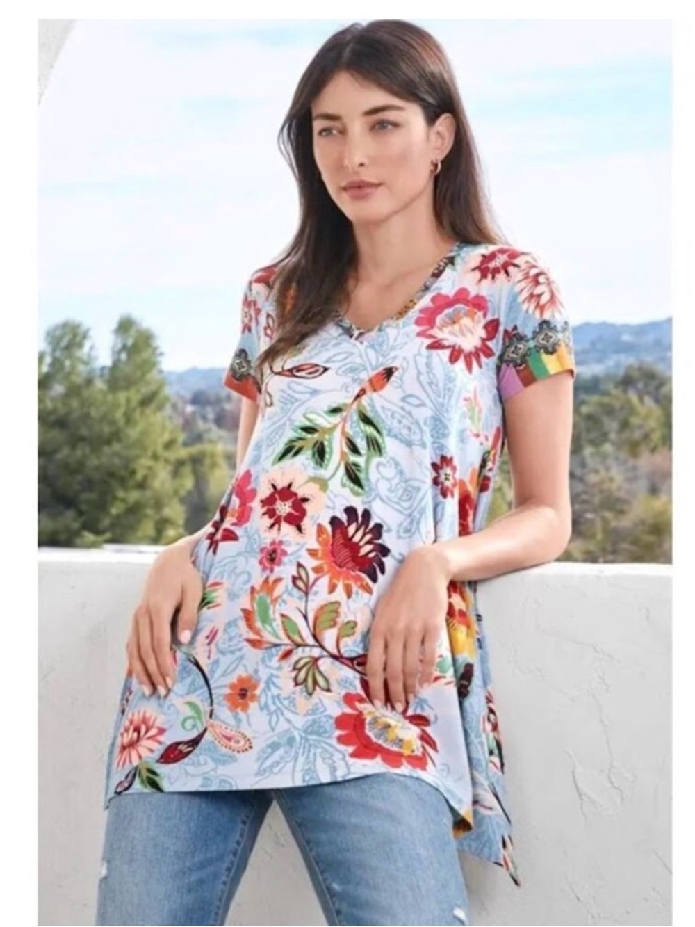 Johnny Was Rainbow Floral V-neck Drape Tunic‎ Top small